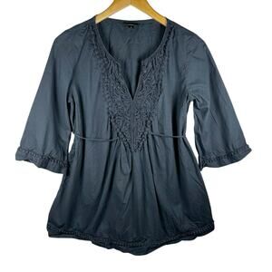 Mossimo Womens S Embroidered Peasant Tunic Blouse Tie Waist Black Y2k Boho Fairy